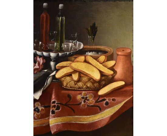 Giacomo Nani (Porto Ercole 1698 - Napoli 1770), Natura morta con fiori, alzata con cristalli e liquori..