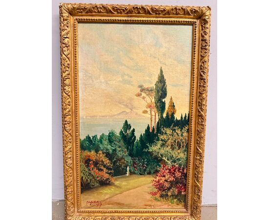 Antico dipinto olio su tavoletta Napoli, Vesuvio 1947, Gallotti, mis 58x37 cm