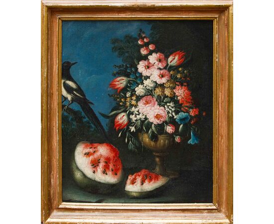 Angelo Zani, noto anche come “Monogrammista A.V.” (Attivo nella prima metà del XVIII secolo, Pisa), Nature morte di fiori con anguria e volatili