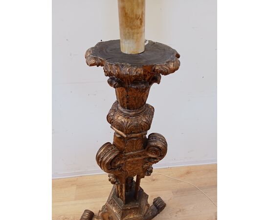 Candeliere da terra in legno dorato-candelabro barocco-fine '800-lampada