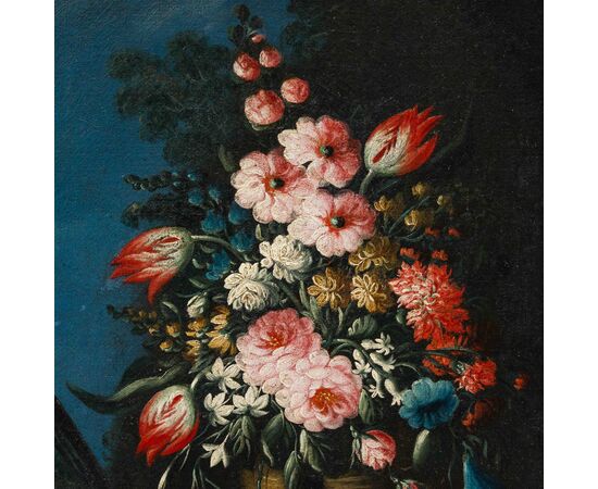 Angelo Zani, noto anche come “Monogrammista A.V.” (Attivo nella prima metà del XVIII secolo, Pisa), Nature morte di fiori con anguria e volatili