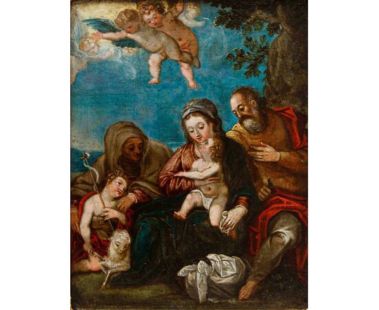 Scuola fiammingo-veneta, XVI secolo, da Hans Rottenhamer, Sacra Famiglia con Santa Elisabetta 