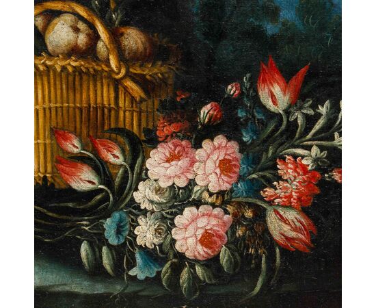 Angelo Zani, noto anche come “Monogrammista A.V.” (Attivo nella prima metà del XVIII secolo, Pisa), Nature morte di fiori con anguria e volatili