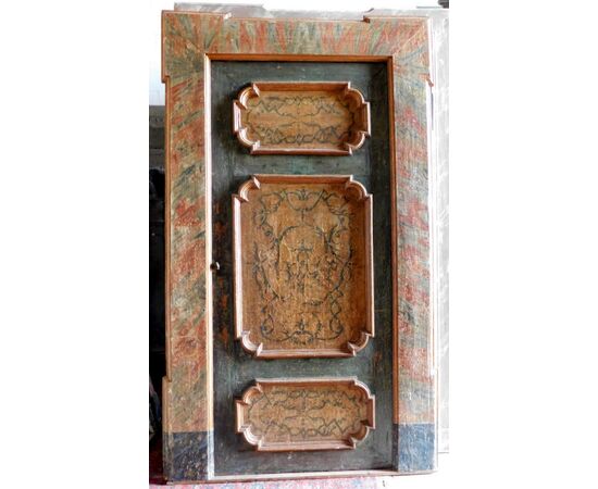 PTL447 - Porta laccata e dipinta, con telaio finto marmo, epoca '700, misure luce cm L 93 x H 216