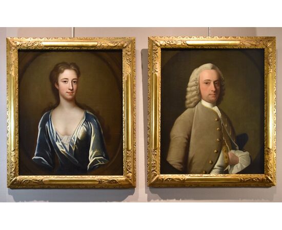 Coppia di ritratti di coniugi inglesi del XVIII secolo, Godfrey Kneller (Lubecca 1646 – Londra 1723)