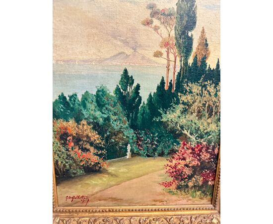 Antico dipinto olio su tavoletta Napoli, Vesuvio 1947, Gallotti, mis 58x37 cm