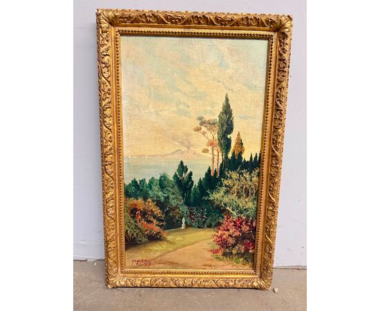 Antico dipinto olio su tavoletta Napoli, Vesuvio 1947, Gallotti, mis 58x37 cm
