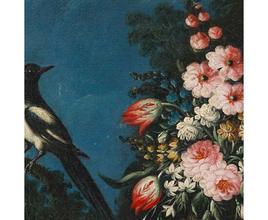 Angelo Zani, noto anche come “Monogrammista A.V.” (Attivo nella prima metà del XVIII secolo, Pisa), Nature morte di fiori con anguria e volatili
