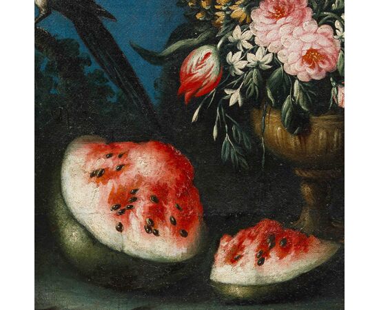 Angelo Zani, noto anche come “Monogrammista A.V.” (Attivo nella prima metà del XVIII secolo, Pisa), Nature morte di fiori con anguria e volatili