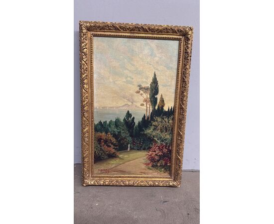 Antico dipinto olio su tavoletta Napoli, Vesuvio 1947, Gallotti, mis 58x37 cm