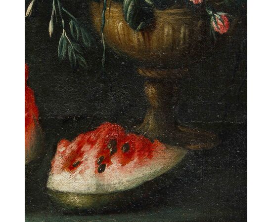 Angelo Zani, noto anche come “Monogrammista A.V.” (Attivo nella prima metà del XVIII secolo, Pisa), Nature morte di fiori con anguria e volatili
