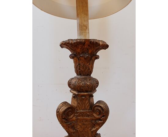 Candeliere da terra in legno dorato-candelabro barocco-fine '800-lampada