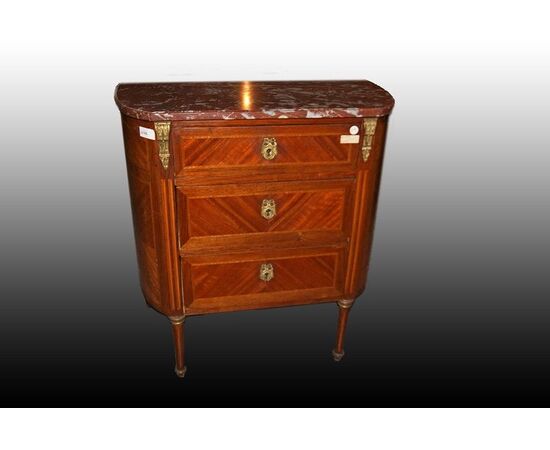 Bellissimo piccolo cassettone comoncino Luigi XVI a mezzaluna del 1800 con marmo e bronzi