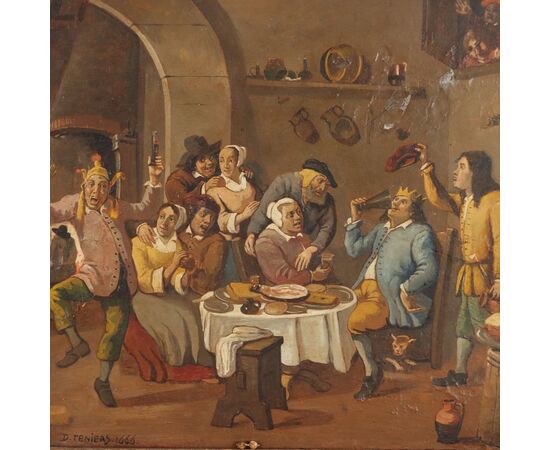 Dipinto 'Dodicesima Notte il Re Beve' XIX secolo