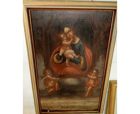 Dipinto del 1700 francese Olio su tavola "Madonna con bambino Gesù e cherubini" 