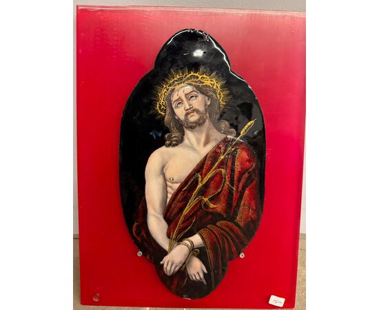 Antica placca metà '800 dipinta smalto Limoges raffigurante Cristo 28x15cm