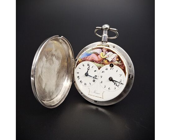 Orologio con doppio fuso orario e quadrante dipinto Firmato "Meuron", XVIII secolo 