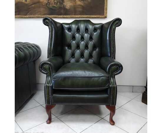 Poltrona chesterfield Queen Anne nuova inglese originale verde 