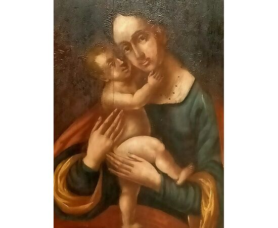 Dipinto del 1700 francese Olio su tavola "Madonna con bambino Gesù e cherubini" 