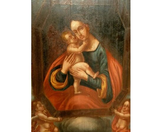 Dipinto del 1700 francese Olio su tavola "Madonna con bambino Gesù e cherubini" 