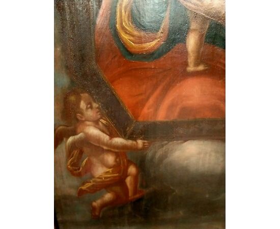 Dipinto del 1700 francese Olio su tavola "Madonna con bambino Gesù e cherubini" 