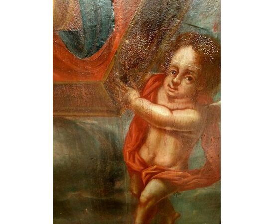 Dipinto del 1700 francese Olio su tavola "Madonna con bambino Gesù e cherubini" 