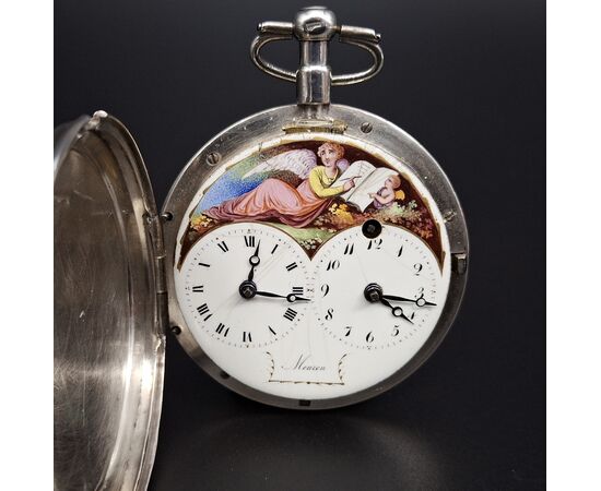 Orologio con doppio fuso orario e quadrante dipinto Firmato "Meuron", XVIII secolo 