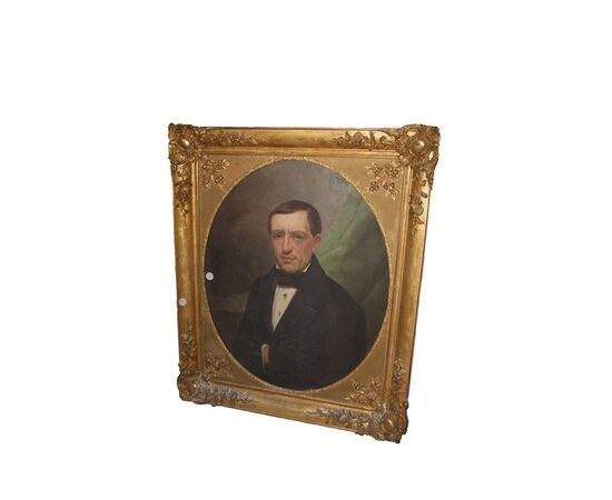 Olio su tela del 1800 "Ritratto Nobiluomo" con cornice dorata