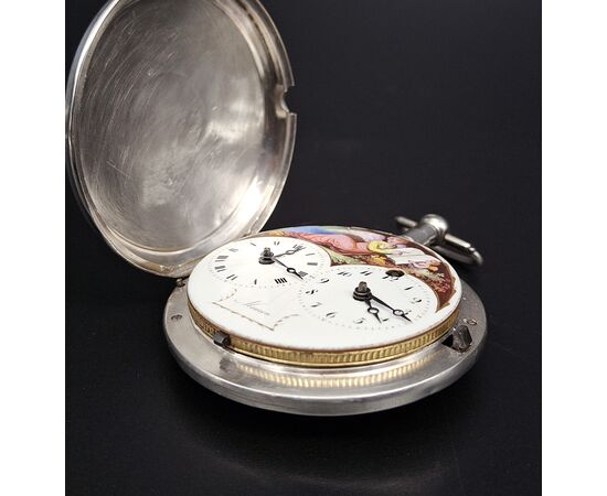 Orologio con doppio fuso orario e quadrante dipinto Firmato "Meuron", XVIII secolo 