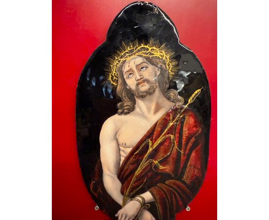 Antica placca metà '800 dipinta smalto Limoges raffigurante Cristo 28x15cm