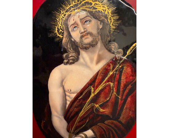 Antica placca metà '800 dipinta smalto Limoges raffigurante Cristo 28x15cm