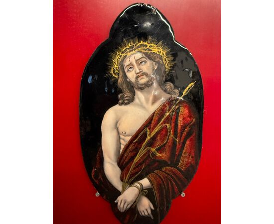 Antica placca metà '800 dipinta smalto Limoges raffigurante Cristo 28x15cm