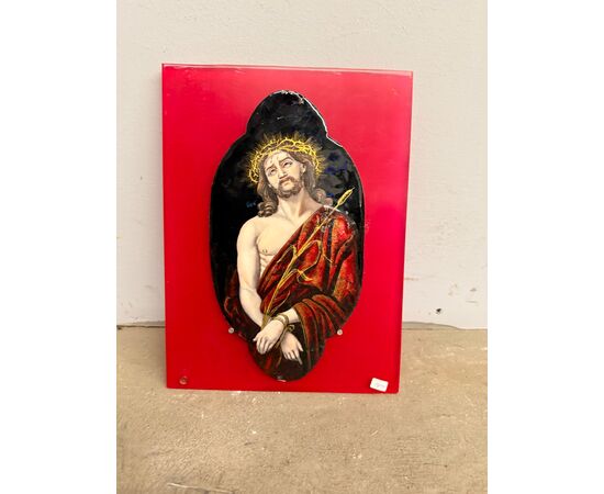 Antica placca metà '800 dipinta smalto Limoges raffigurante Cristo 28x15cm
