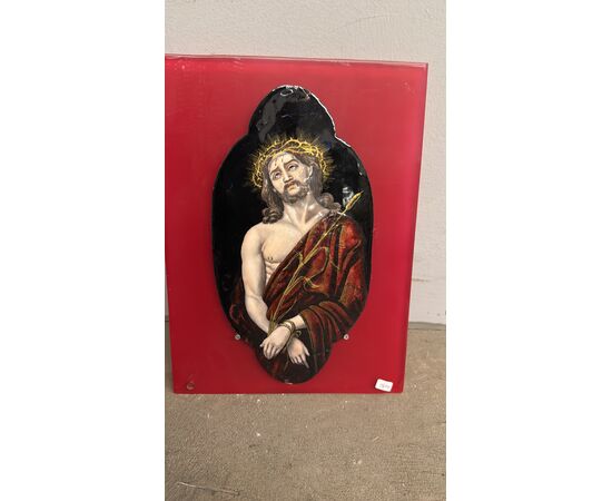 Antica placca metà '800 dipinta smalto Limoges raffigurante Cristo 28x15cm