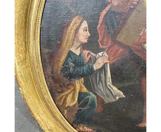 Antico dipinto olio su tela Ovale XVIII sec Gesù e il Cireneo. Cornice foglia oro . Mis 88 x cm 76 