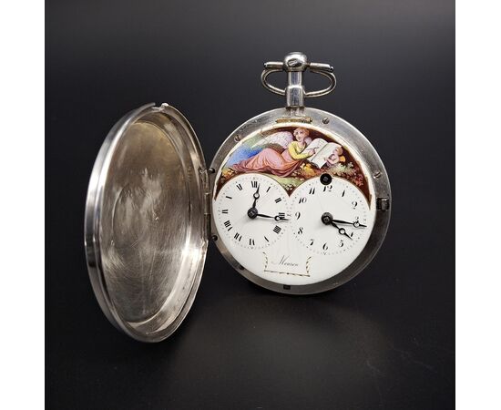 Orologio con doppio fuso orario e quadrante dipinto Firmato "Meuron", XVIII secolo 
