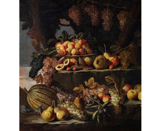 Maestro dei frutti su piani inclinati,  Natura morta di frutta all’aperto Roma 1660 – 1670