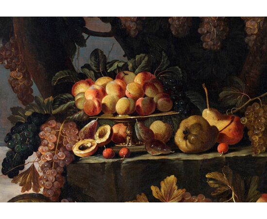 Maestro dei frutti su piani inclinati,  Natura morta di frutta all’aperto Roma 1660 – 1670