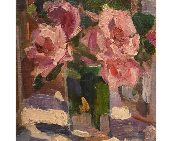 QUADRI ANTICHI, ART DECO, NATURA MORTA CON FIORI DI ROSE E MARGHERITE, OLIO SU TELA, XX SECOLO. (QF655)