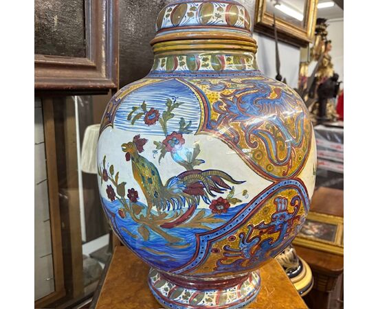 Antico grande vaso Potiche Santarelli Gualto Tadino 1920 Liberty con Gallo Altezza cm 48 