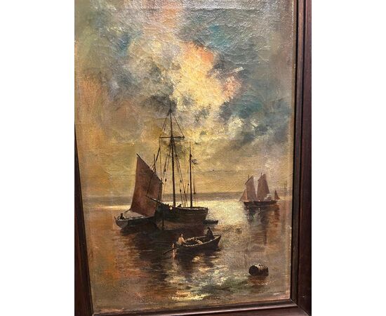 Olio su tela francese della seconda metà dell’800 – Marina notturna con veliero al chiaro di luna