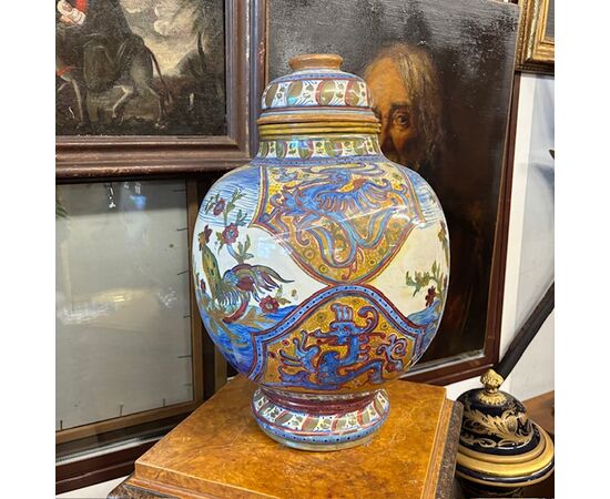 Antico grande vaso Potiche Santarelli Gualto Tadino 1920 Liberty con Gallo Altezza cm 48 