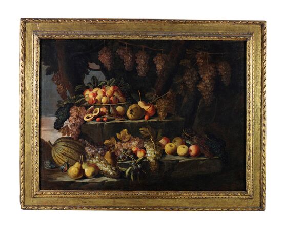 Maestro dei frutti su piani inclinati,  Natura morta di frutta all’aperto Roma 1660 – 1670