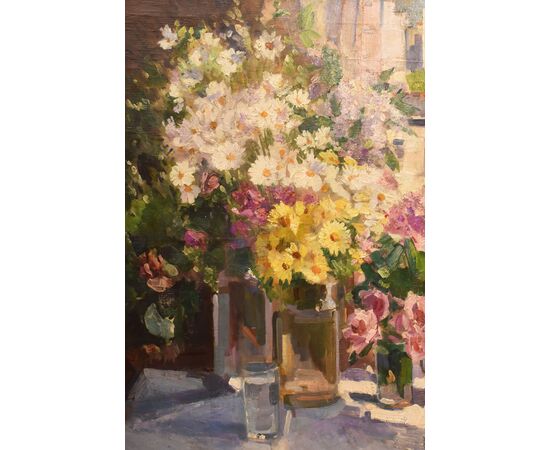 QUADRI ANTICHI, ART DECO, NATURA MORTA CON FIORI DI ROSE E MARGHERITE, OLIO SU TELA, XX SECOLO. (QF655)