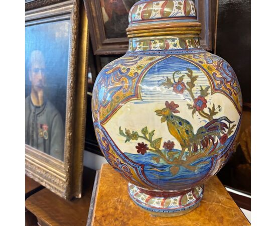 Antico grande vaso Potiche Santarelli Gualto Tadino 1920 Liberty con Gallo Altezza cm 48 