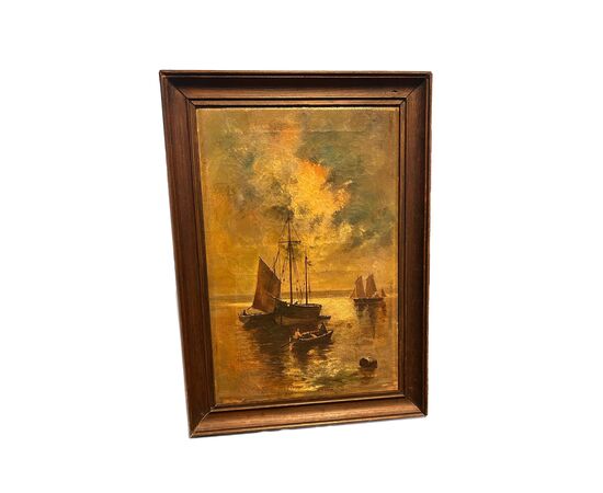 Olio su tela francese della seconda metà dell’800 – Marina notturna con veliero al chiaro di luna
