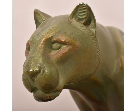 ART DÉCO, ANTICHE SCULTURE IN ANTIMONIO, PANTERA, MARCEL LEDUCQ, SCULTORE FRANCESE. (STAN95)