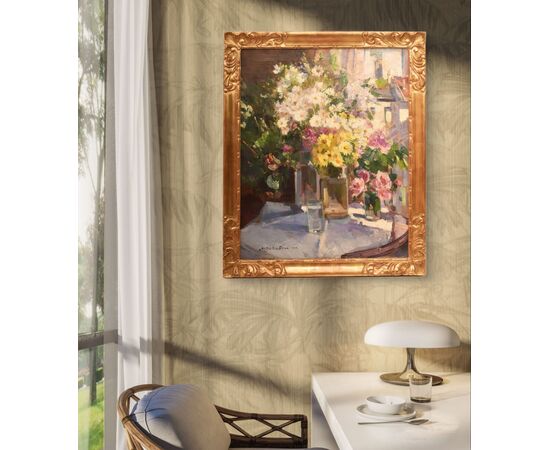QUADRI ANTICHI, ART DECO, NATURA MORTA CON FIORI DI ROSE E MARGHERITE, OLIO SU TELA, XX SECOLO. (QF655)