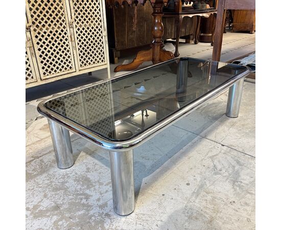 Tavolino da fumo anni 70 cromato e vetro fumè – modello Sesann Frattini per Cassina .mis120 x 60 x 35 