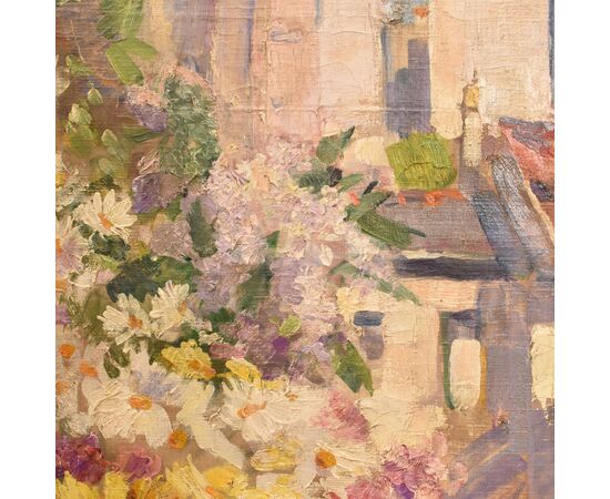 QUADRI ANTICHI, ART DECO, NATURA MORTA CON FIORI DI ROSE E MARGHERITE, OLIO SU TELA, XX SECOLO. (QF655)